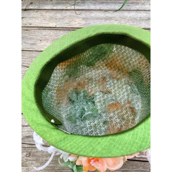 Vintage 1960s Millinery Flower Bucket Hat Peach and Green